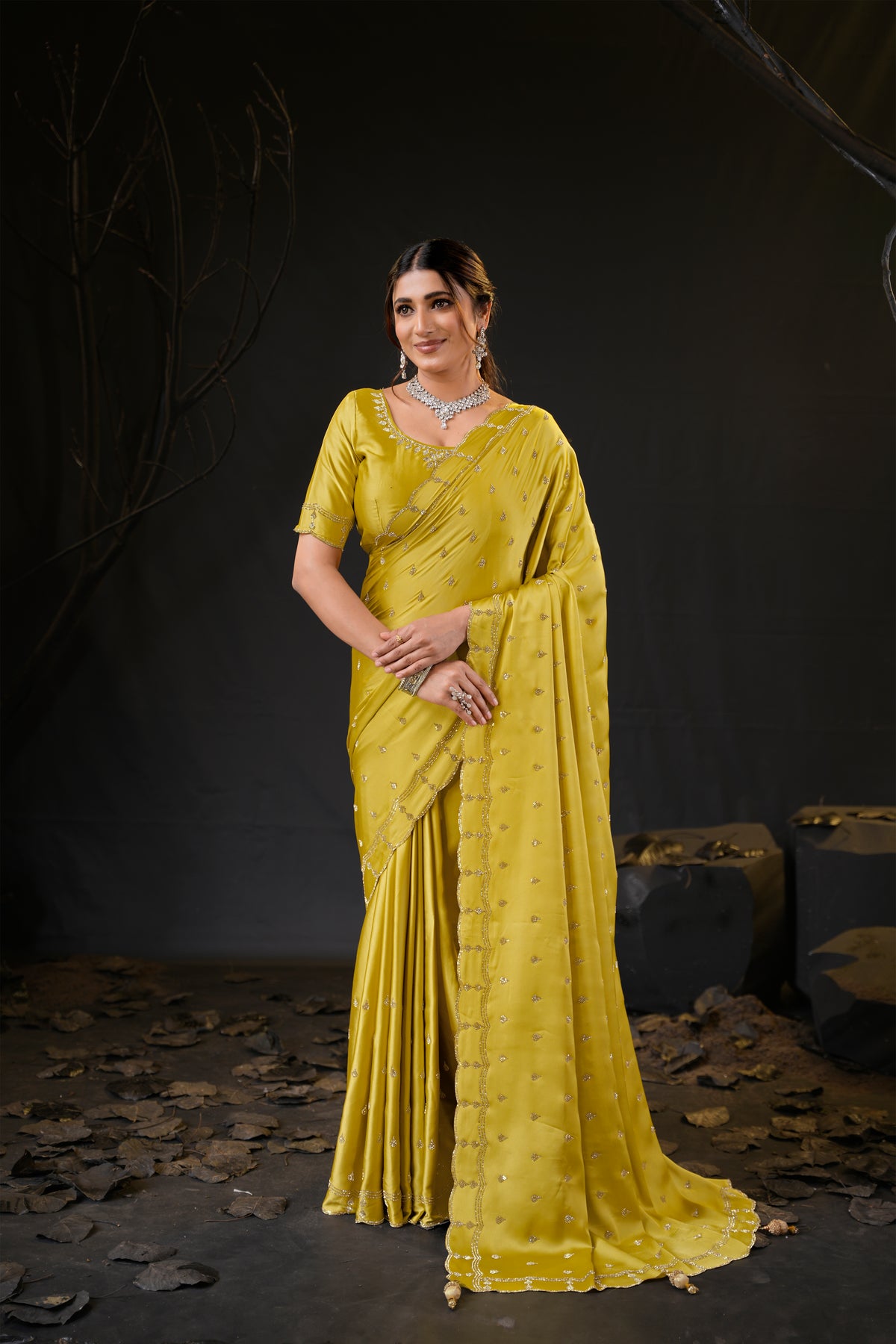 Sunehari Satin Saree with Embroidered Booti & Scalloped Border | 4 Colours