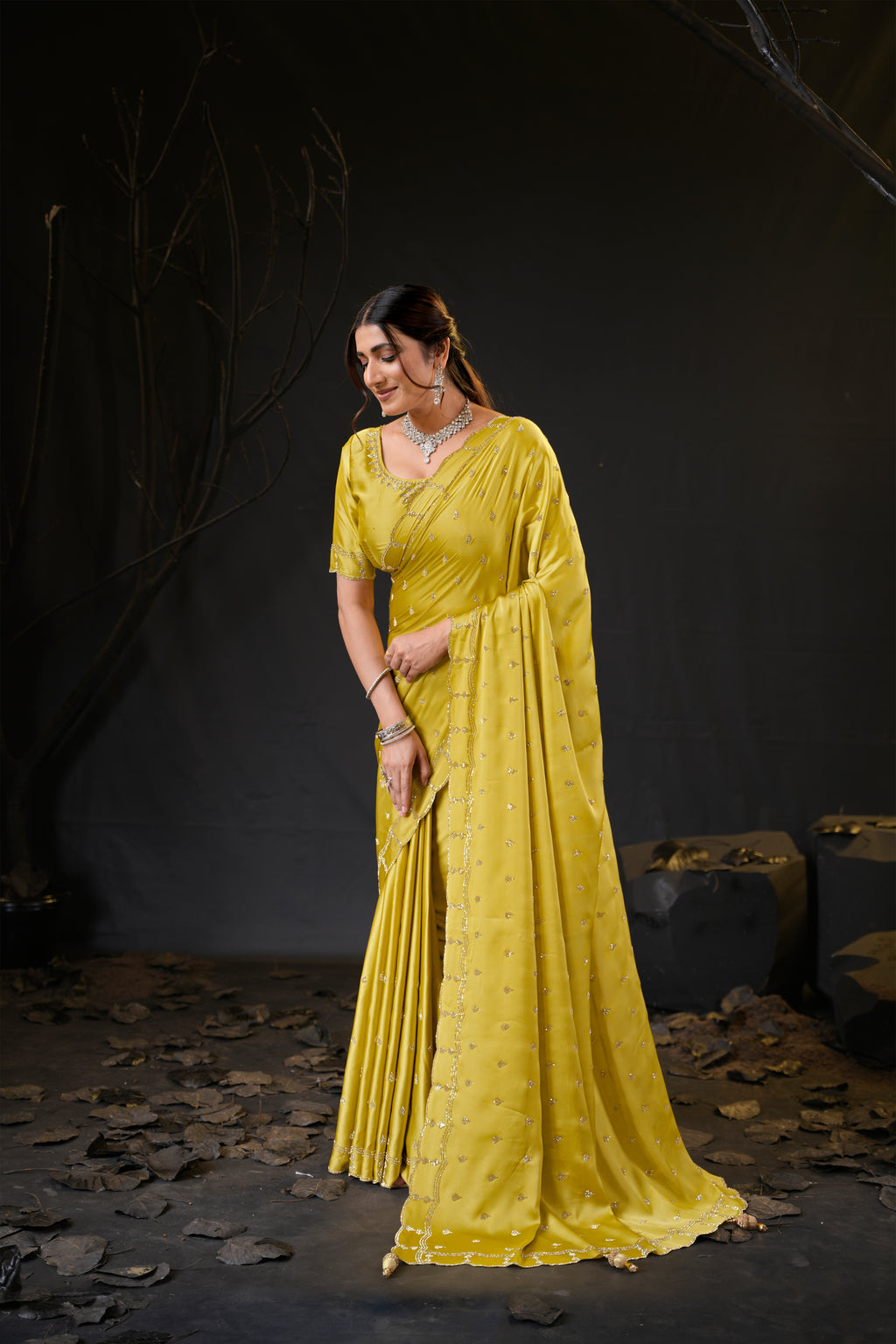 Sunehari Satin Saree with Embroidered Booti & Scalloped Border | 4 Colours