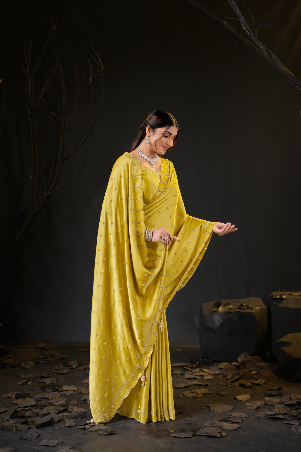 Sunehari Satin Saree with Embroidered Booti & Scalloped Border | 4 Colours