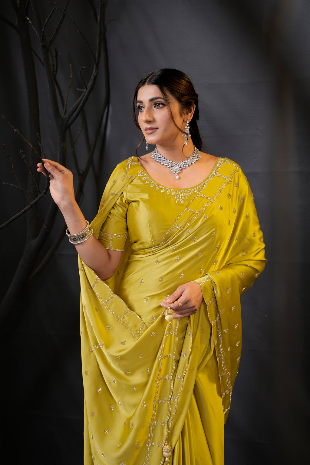 Sunehari Satin Saree with Embroidered Booti & Scalloped Border | 4 Colours