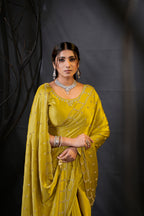 Sunehari Satin Saree with Embroidered Booti & Scalloped Border | 4 Colours