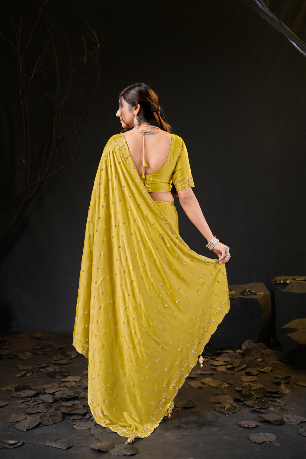 Sunehari Satin Saree with Embroidered Booti & Scalloped Border | 4 Colours