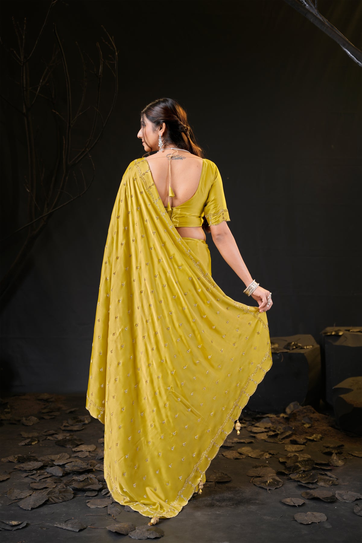 Sunehari Satin Saree with Embroidered Booti & Scalloped Border | 4 Colours
