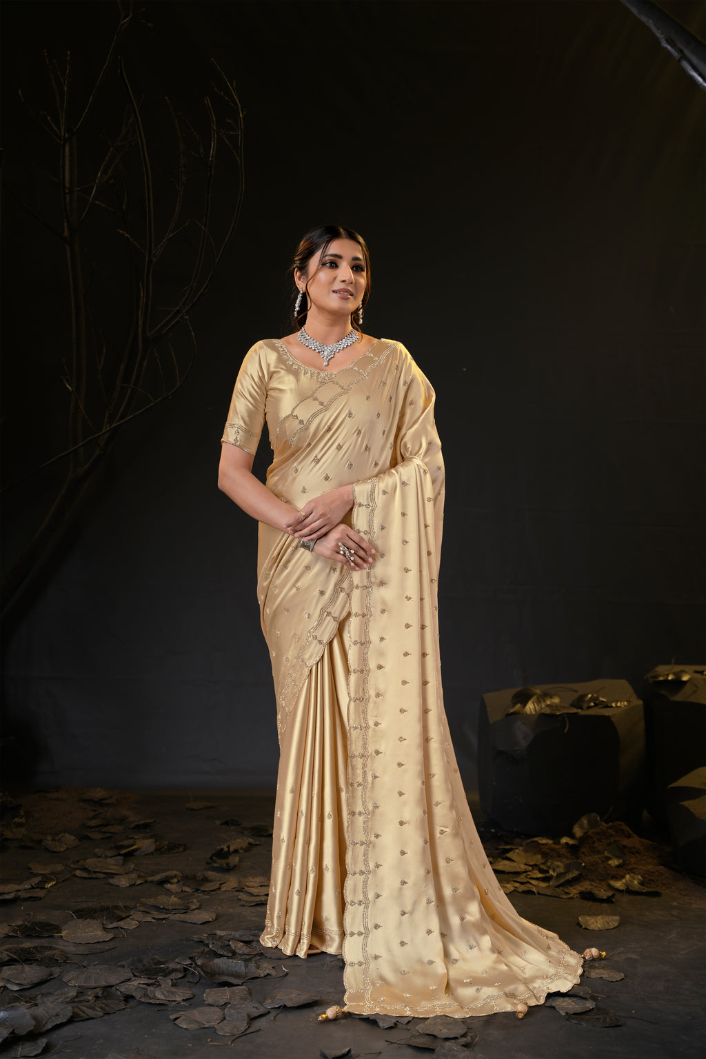 Sunehari Satin Saree with Embroidered Booti & Scalloped Border | 4 Colours