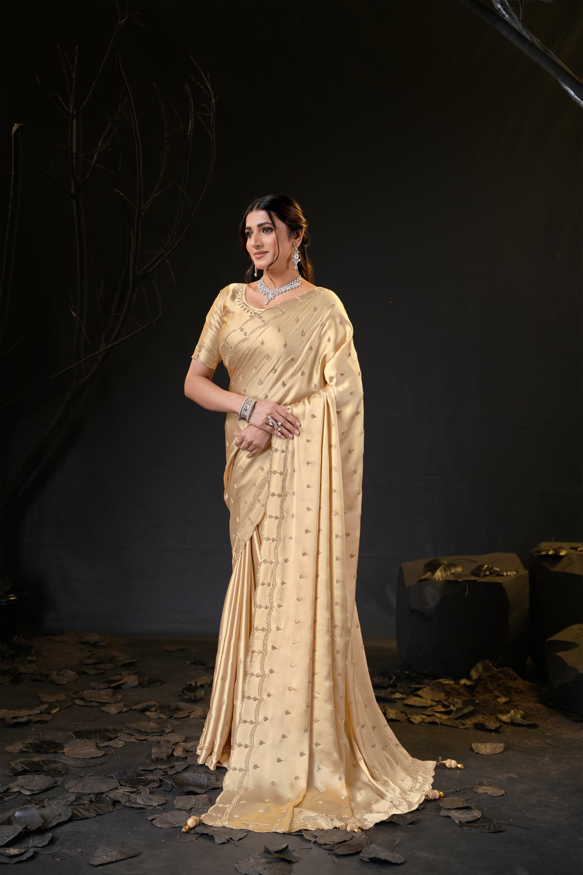 Sunehari Satin Saree with Embroidered Booti & Scalloped Border | 4 Colours