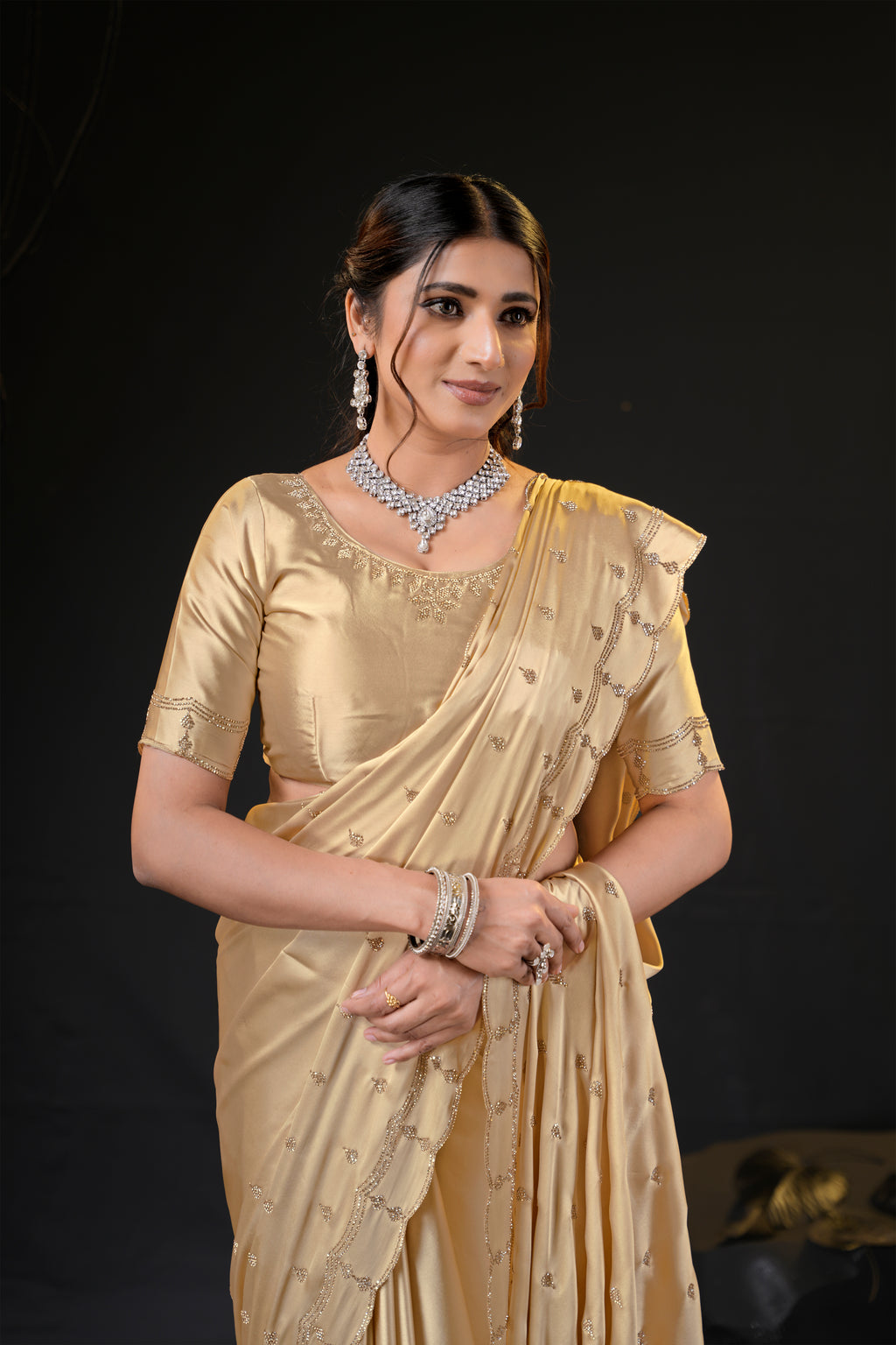 Sunehari Satin Saree with Embroidered Booti & Scalloped Border | 4 Colours