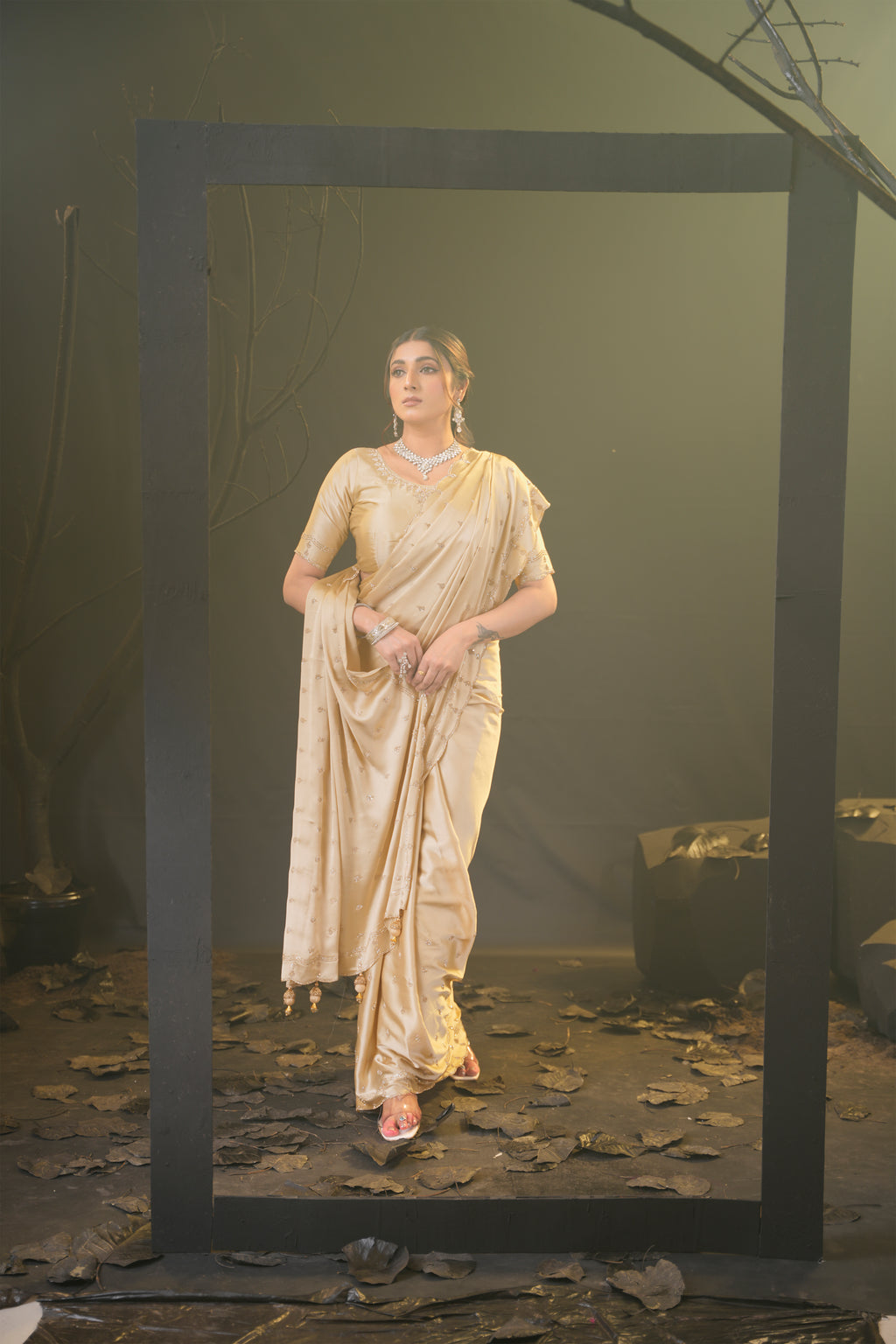Sunehari Satin Saree with Embroidered Booti & Scalloped Border | 4 Colours