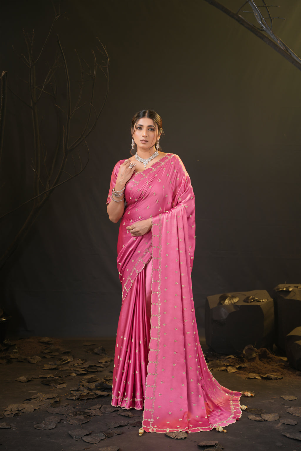 Sunehari Satin Saree with Embroidered Booti & Scalloped Border | 4 Colours