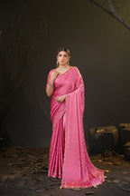 Sunehari Satin Saree with Embroidered Booti & Scalloped Border | 4 Colours