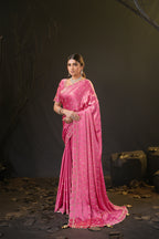 Sunehari Satin Saree with Embroidered Booti & Scalloped Border | 4 Colours