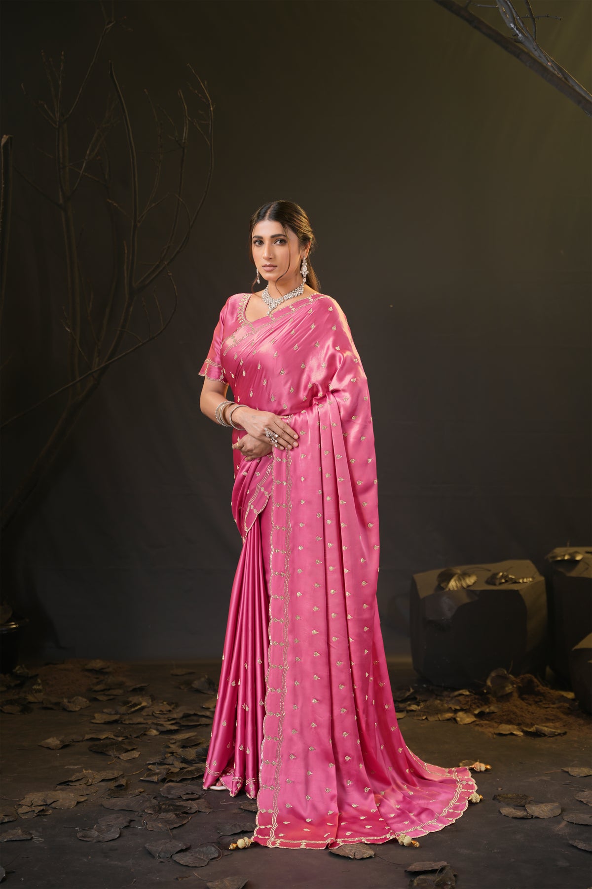 Sunehari Satin Saree with Embroidered Booti & Scalloped Border | 4 Colours