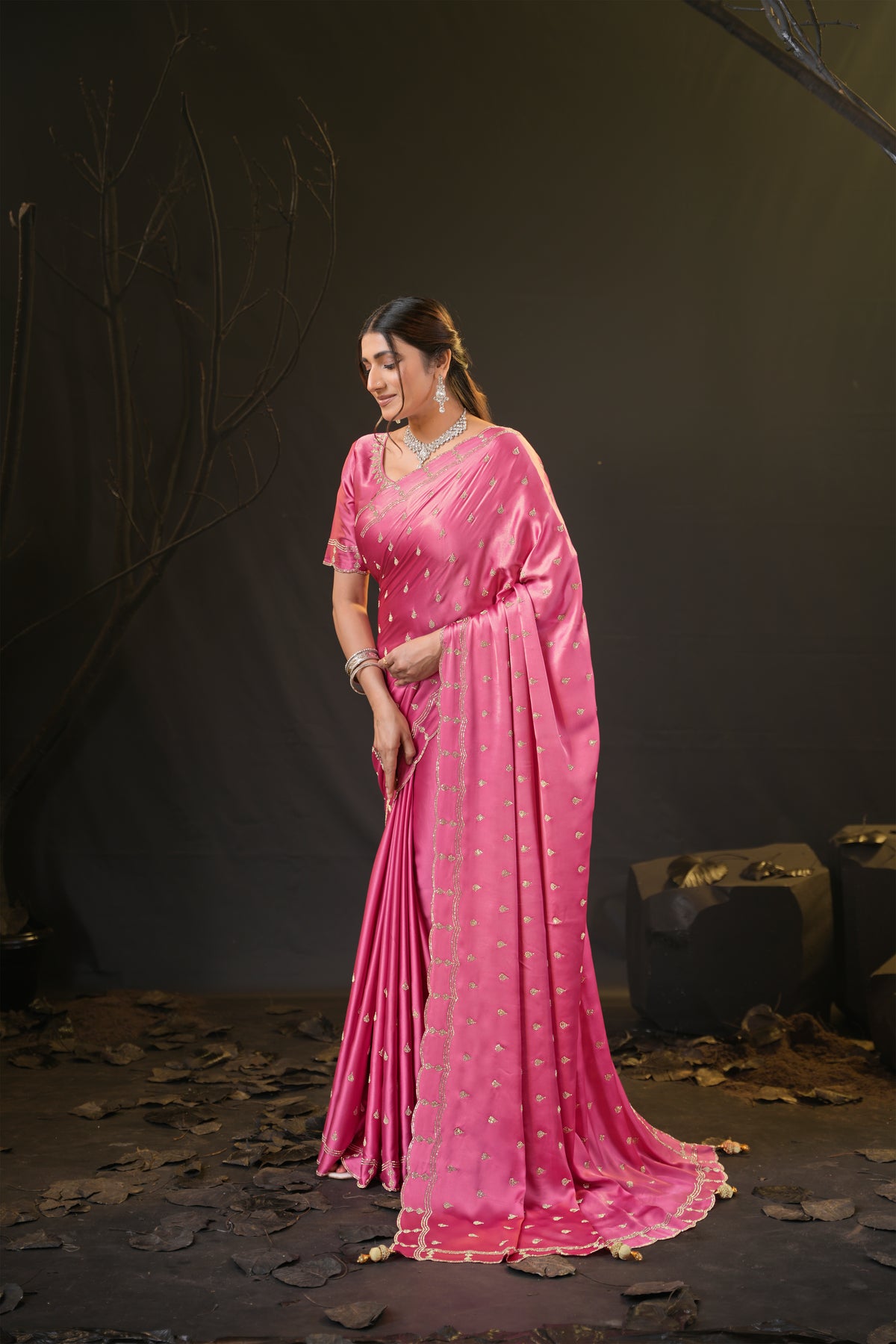 Sunehari Satin Saree with Embroidered Booti & Scalloped Border | 4 Colours