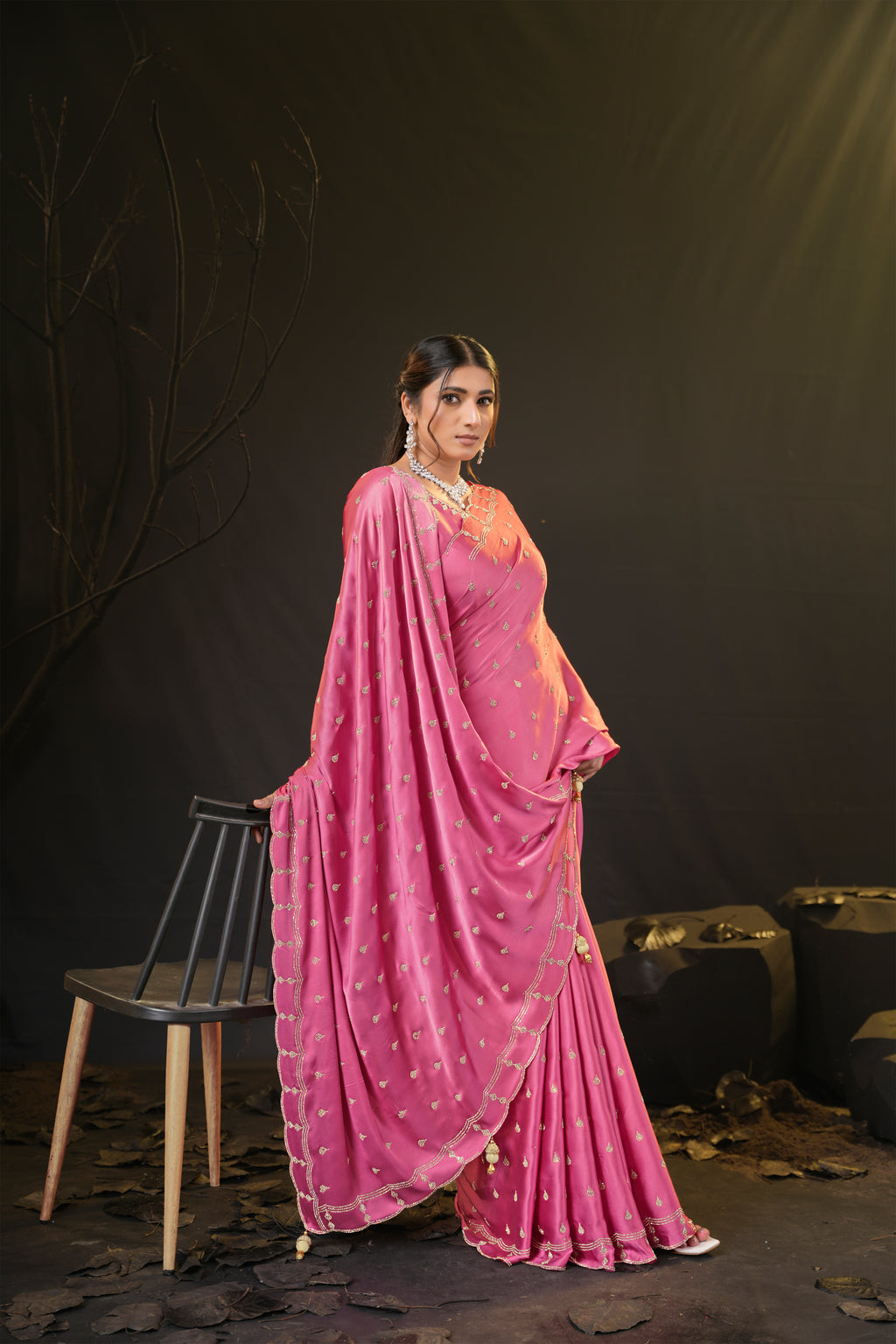 Sunehari Satin Saree with Embroidered Booti & Scalloped Border | 4 Colours