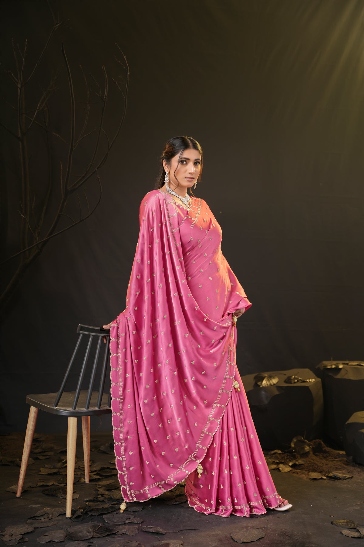 Sunehari Satin Saree with Embroidered Booti & Scalloped Border | 4 Colours