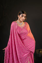 Sunehari Satin Saree with Embroidered Booti & Scalloped Border | 4 Colours