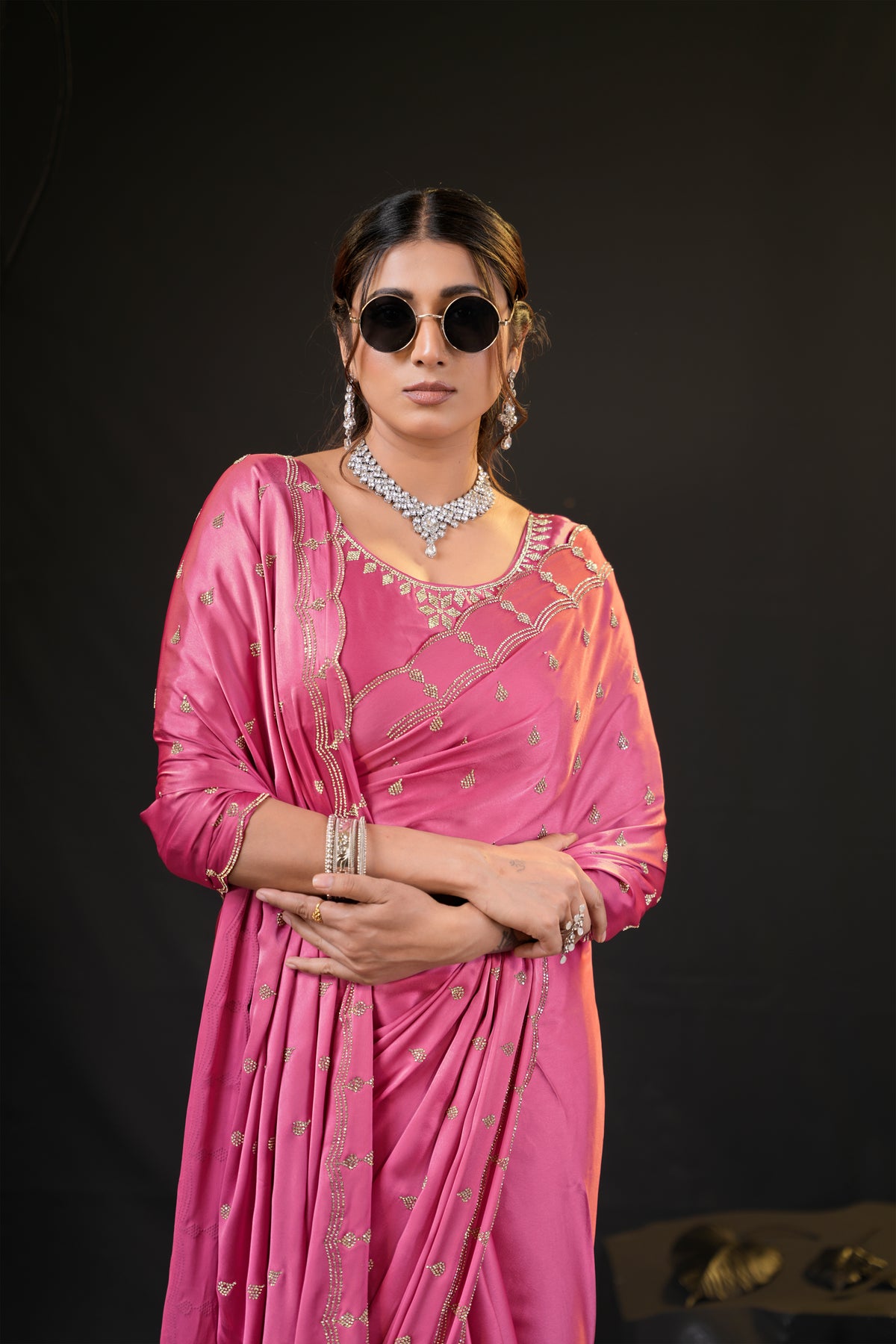Sunehari Satin Saree with Embroidered Booti & Scalloped Border | 4 Colours