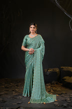 Sunehari Satin Saree with Embroidered Booti & Scalloped Border | 4 Colours