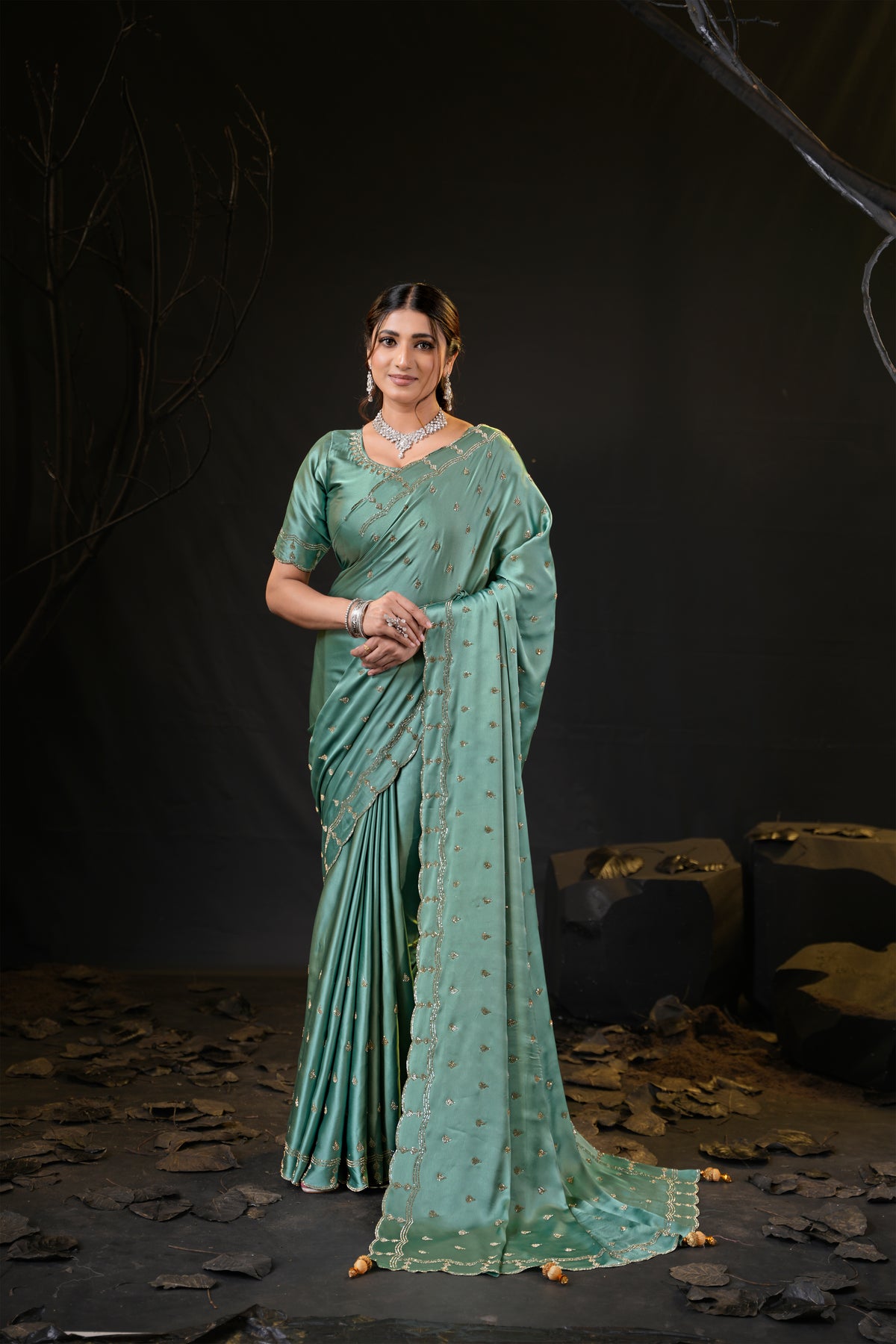 Sunehari Satin Saree with Embroidered Booti & Scalloped Border | 4 Colours