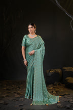 Sunehari Satin Saree with Embroidered Booti & Scalloped Border | 4 Colours
