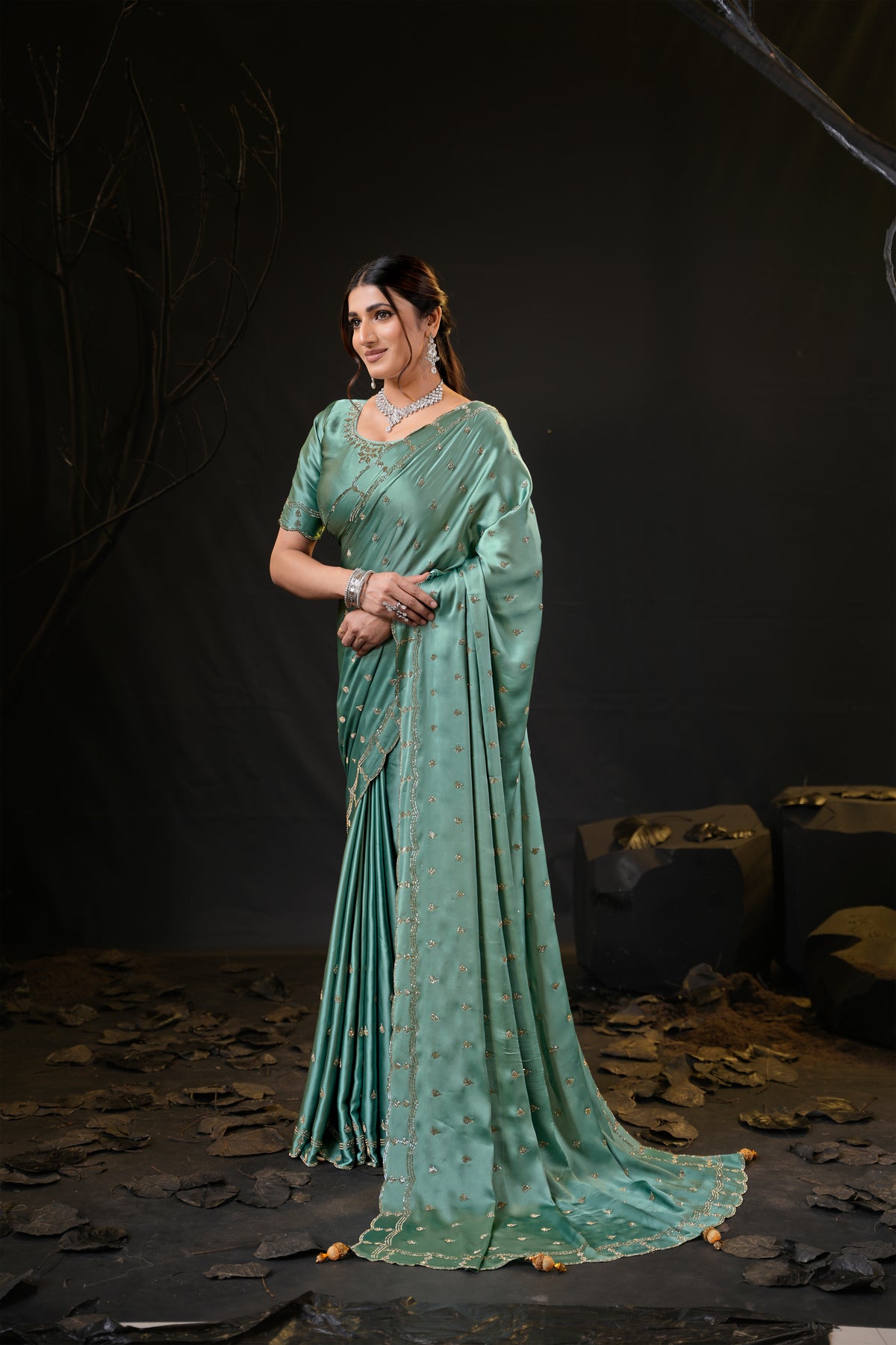 Sunehari Satin Saree with Embroidered Booti & Scalloped Border | 4 Colours