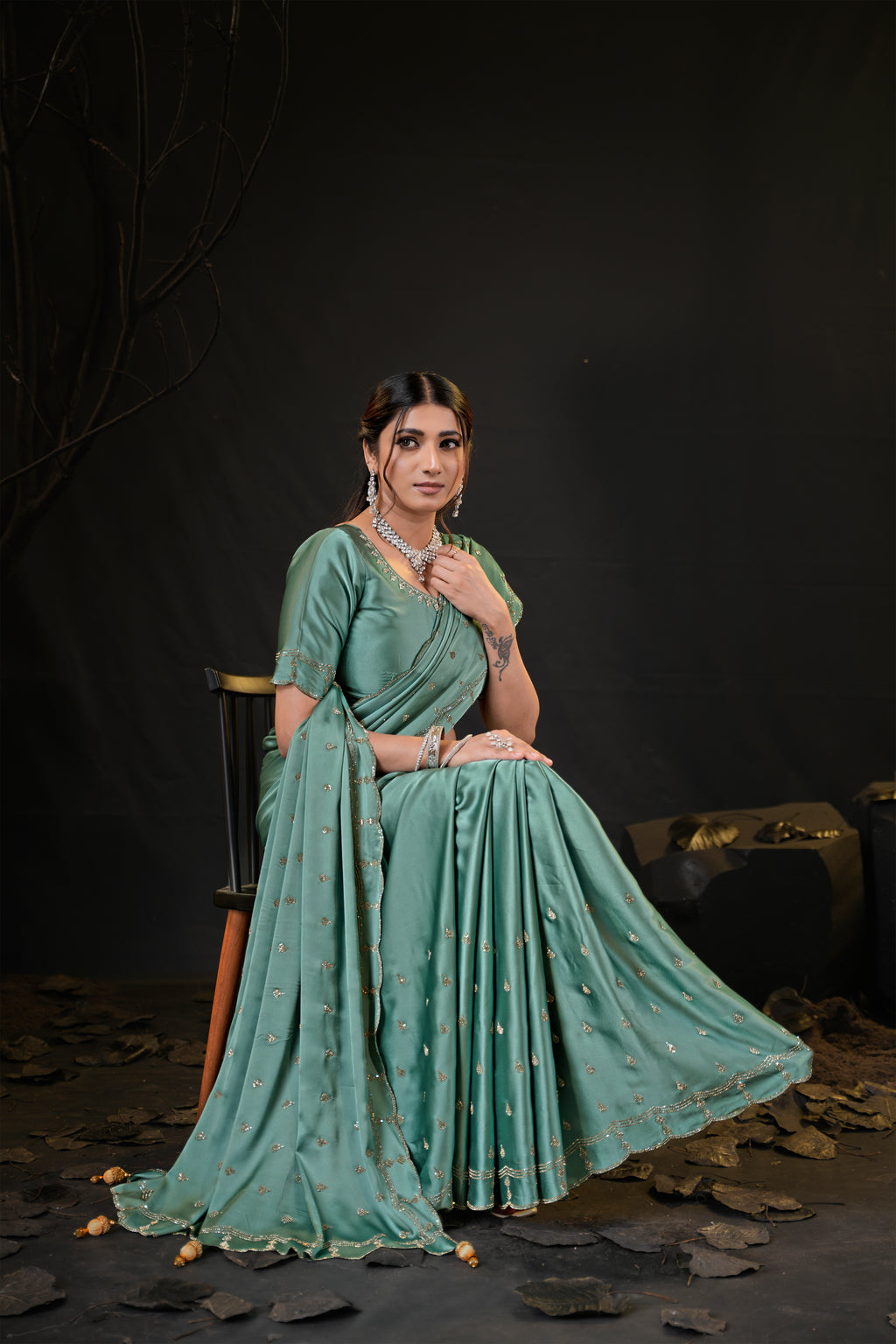 Sunehari Satin Saree with Embroidered Booti & Scalloped Border | 4 Colours