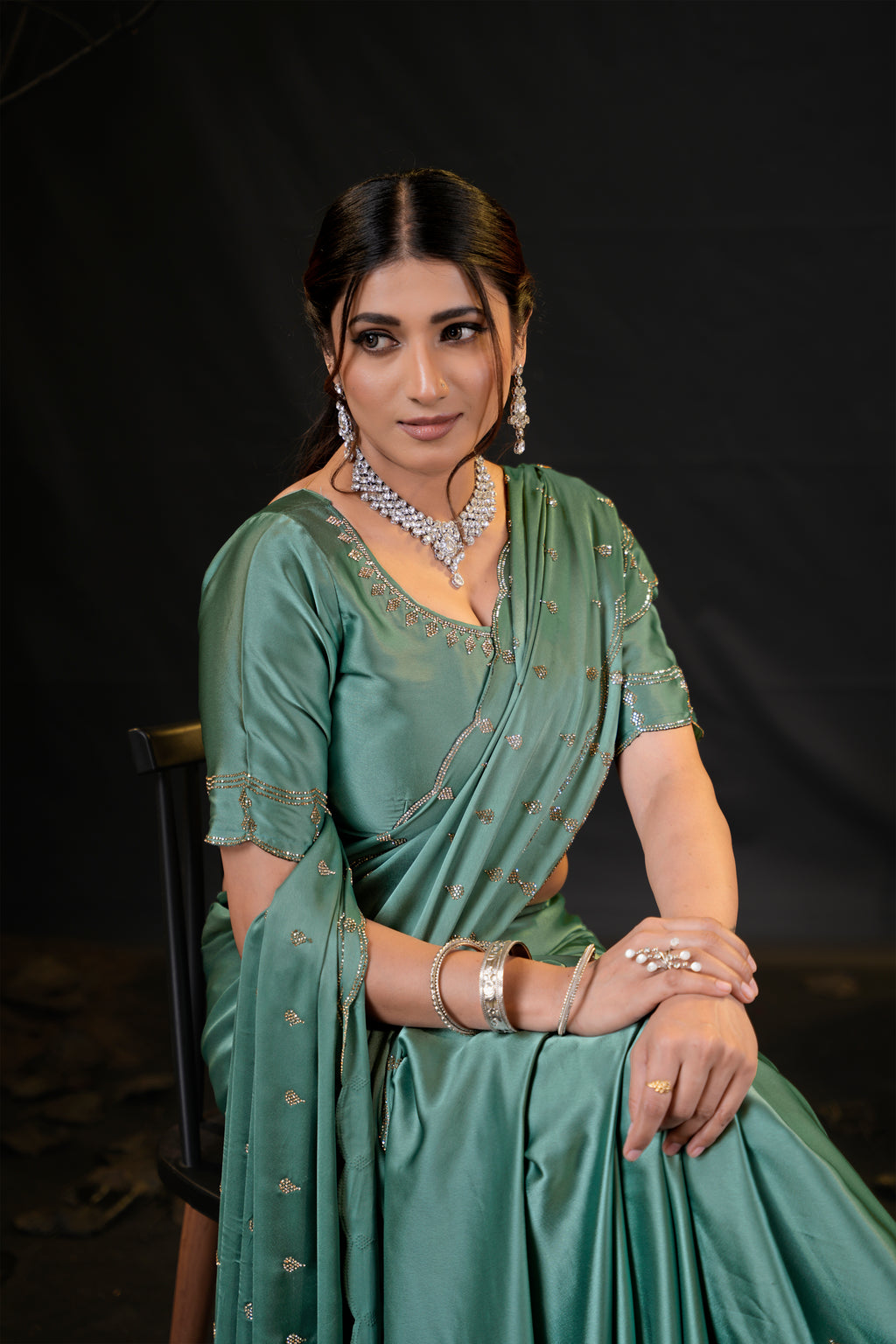 Sunehari Satin Saree with Embroidered Booti & Scalloped Border | 4 Colours