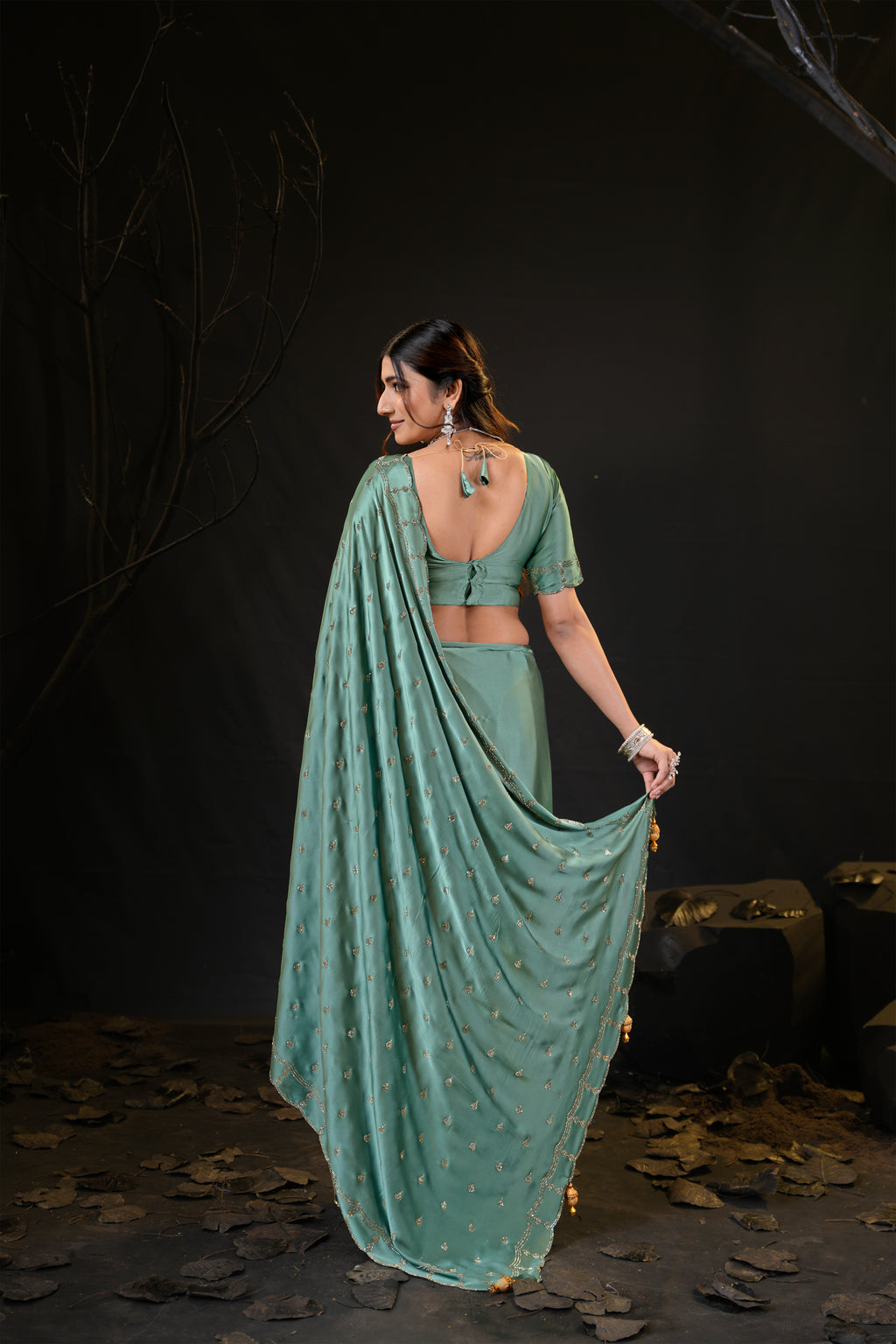 Sunehari Satin Saree with Embroidered Booti & Scalloped Border | 4 Colours
