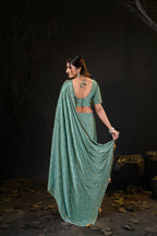 Sunehari Satin Saree with Embroidered Booti & Scalloped Border | 4 Colours