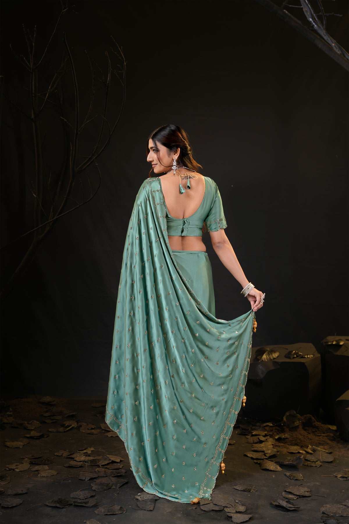 Sunehari Satin Saree with Embroidered Booti & Scalloped Border | 4 Colours