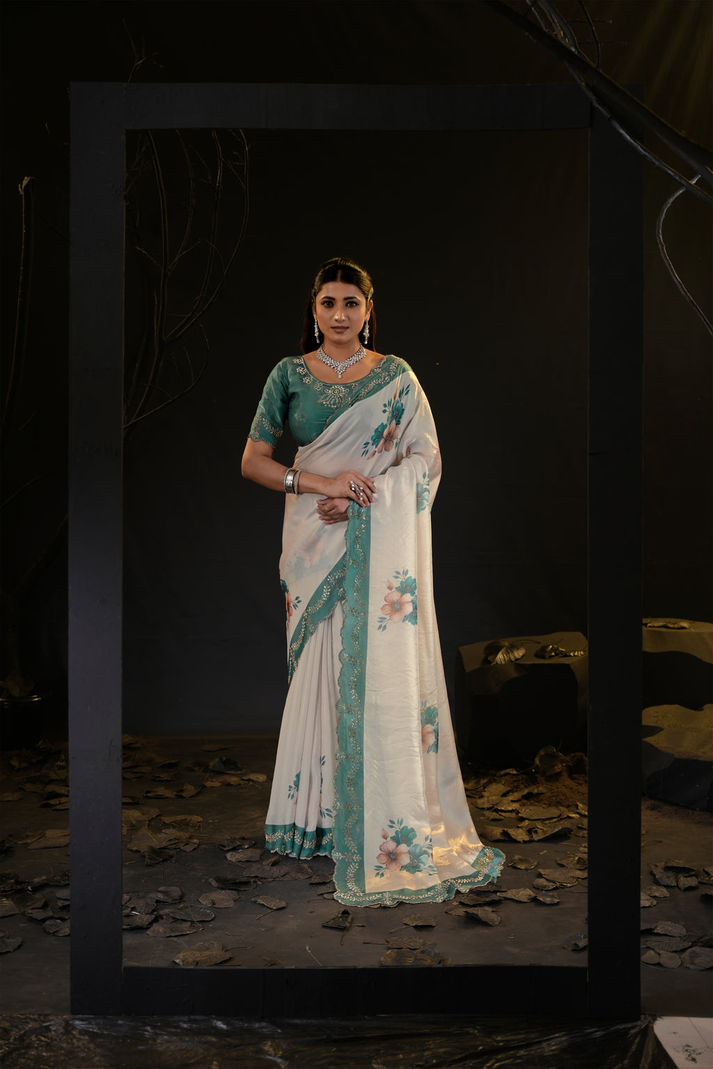 Taranika Floral Satin Saree with Scalloped Stone Border