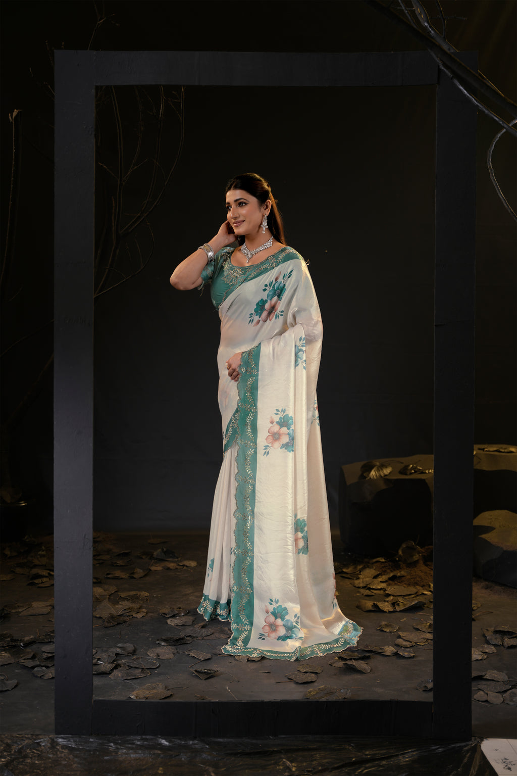 Taranika Floral Satin Saree with Scalloped Stone Border