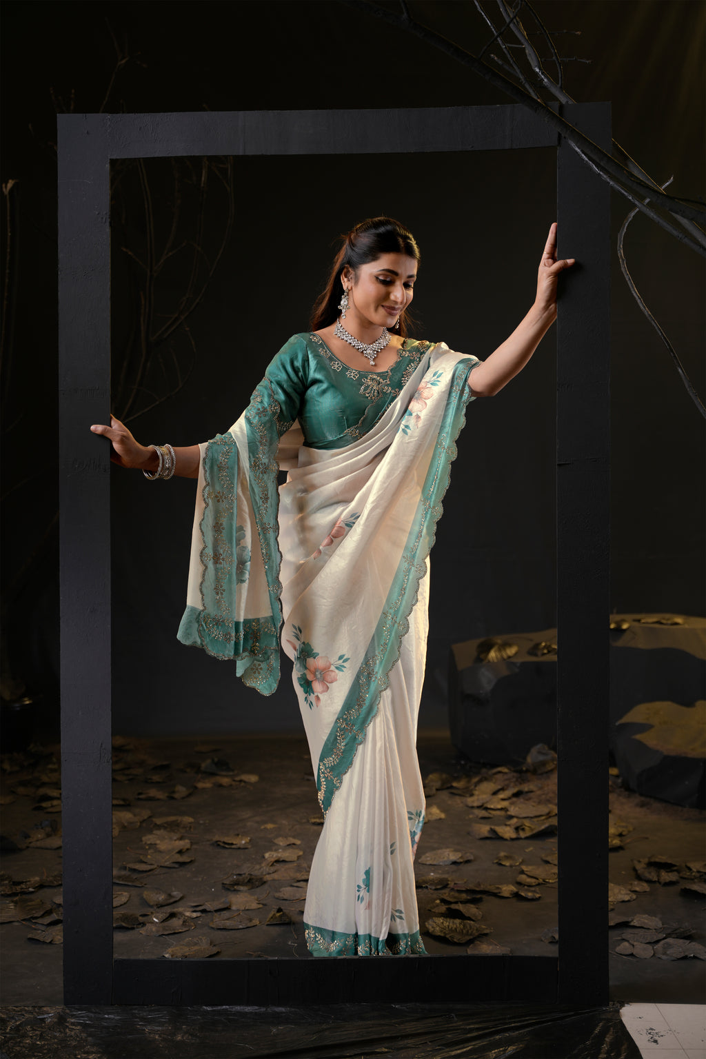 Taranika Floral Satin Saree with Scalloped Stone Border
