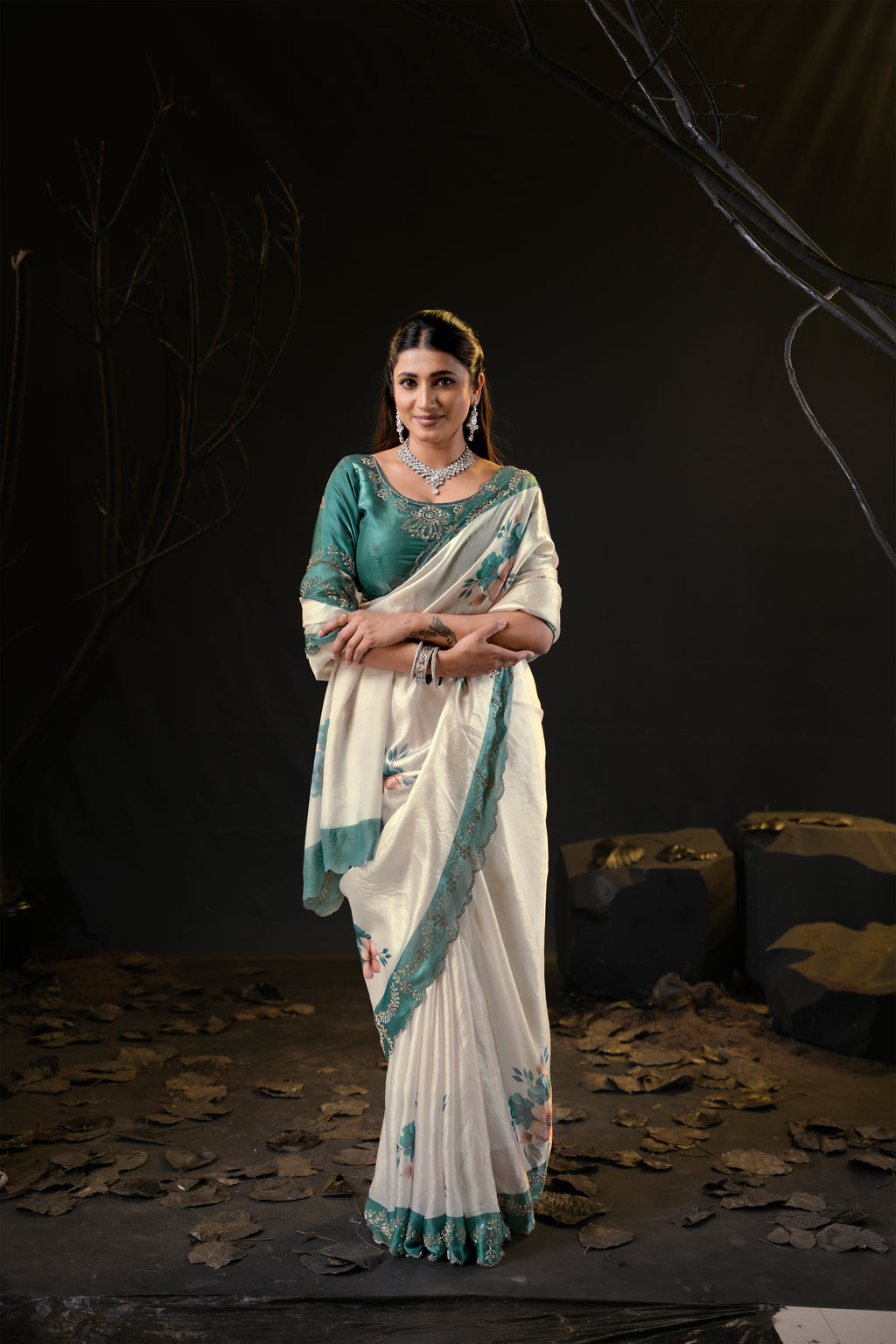 Taranika Floral Satin Saree with Scalloped Stone Border