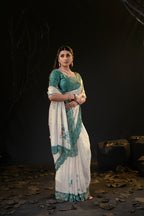 Taranika Floral Satin Saree with Scalloped Stone Border