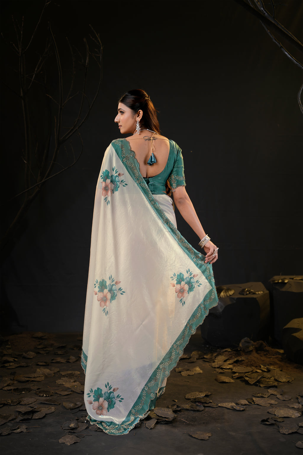 Taranika Floral Satin Saree with Scalloped Stone Border