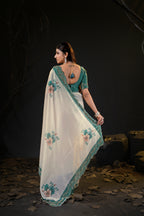 Taranika Floral Satin Saree with Scalloped Stone Border