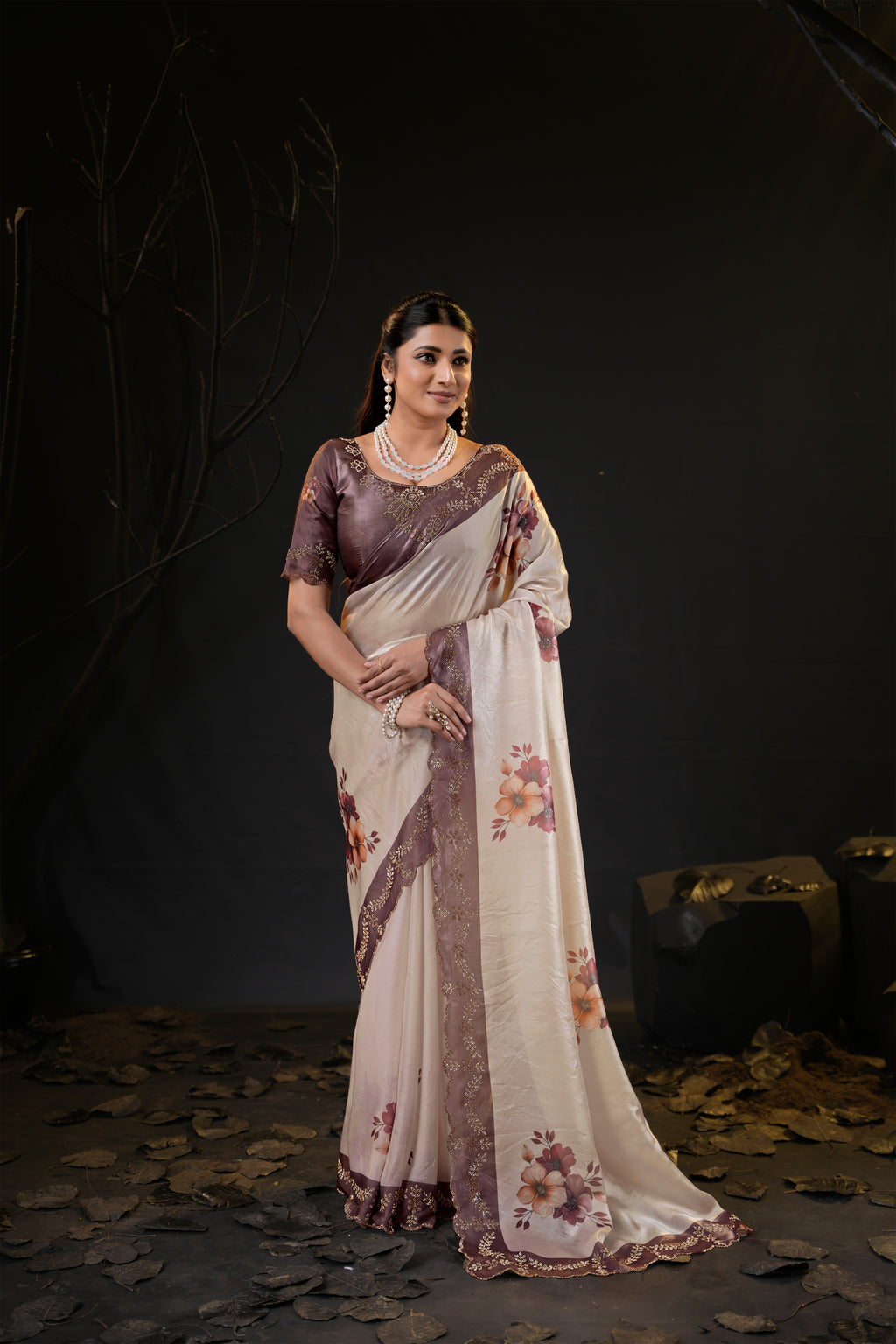 Taranika Floral Satin Saree with Scalloped Stone Border