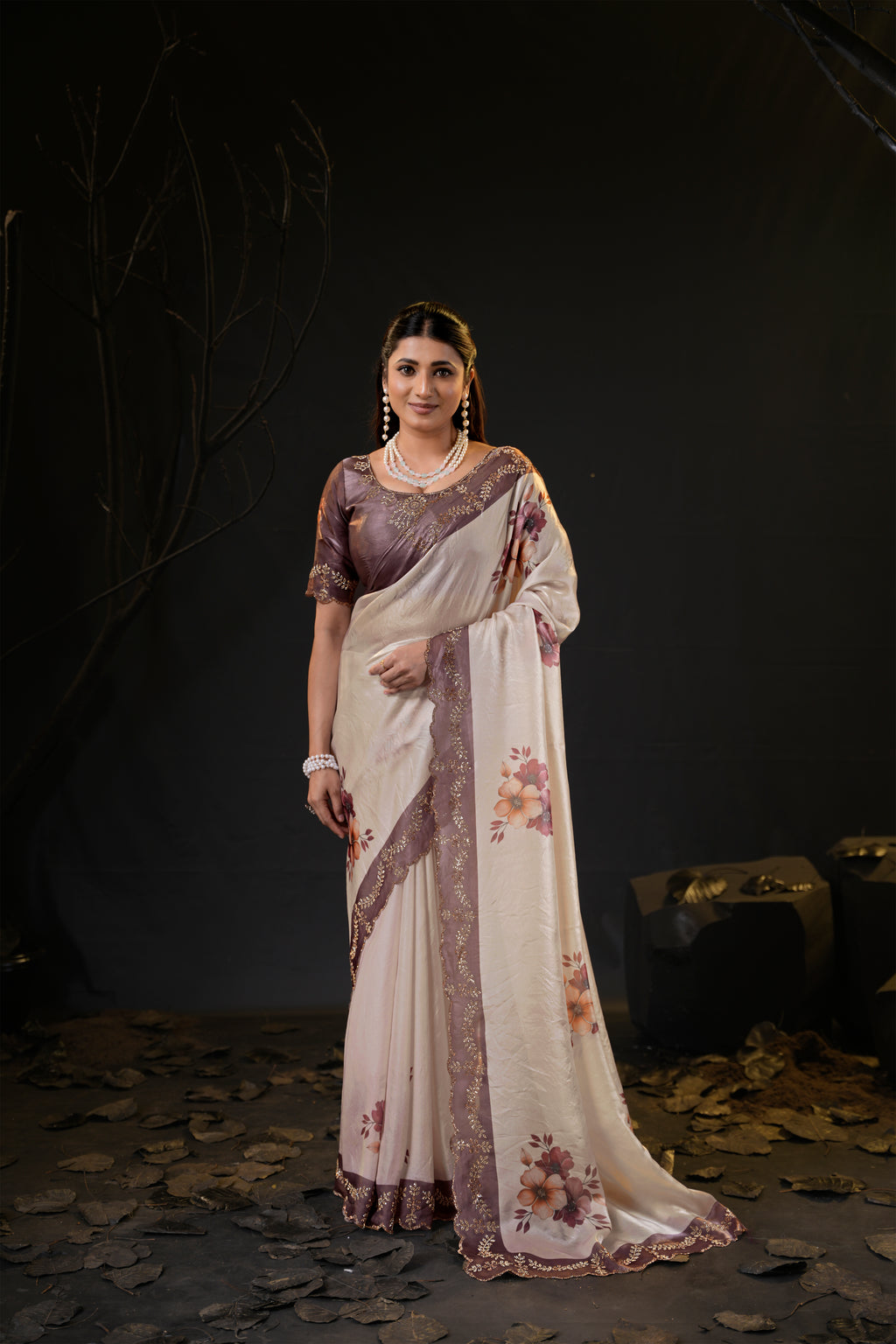 Taranika Floral Satin Saree with Scalloped Stone Border
