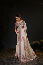 Taranika Floral Satin Saree with Scalloped Stone Border