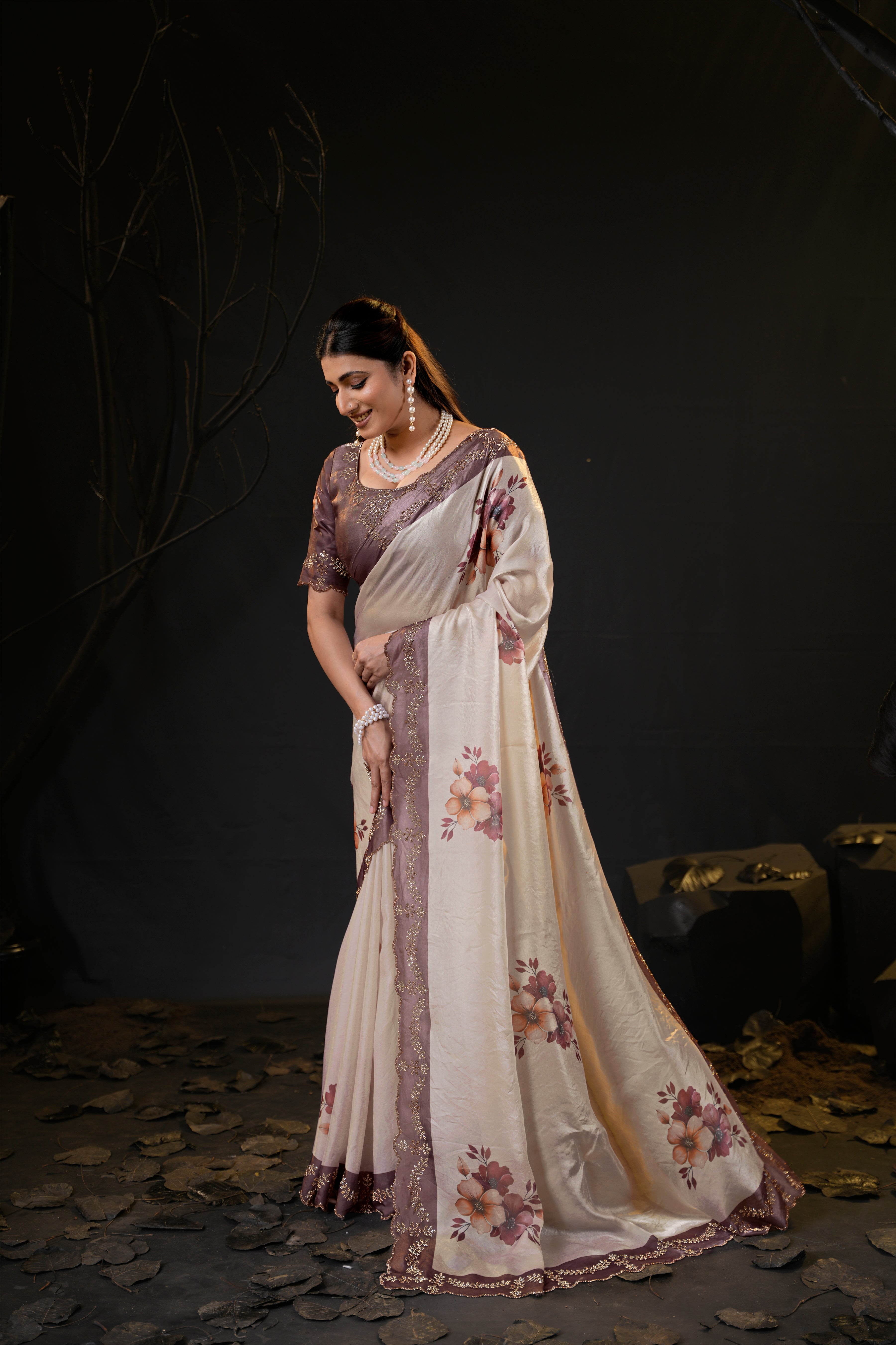 Taranika Floral Satin Saree with Scalloped Stone Border