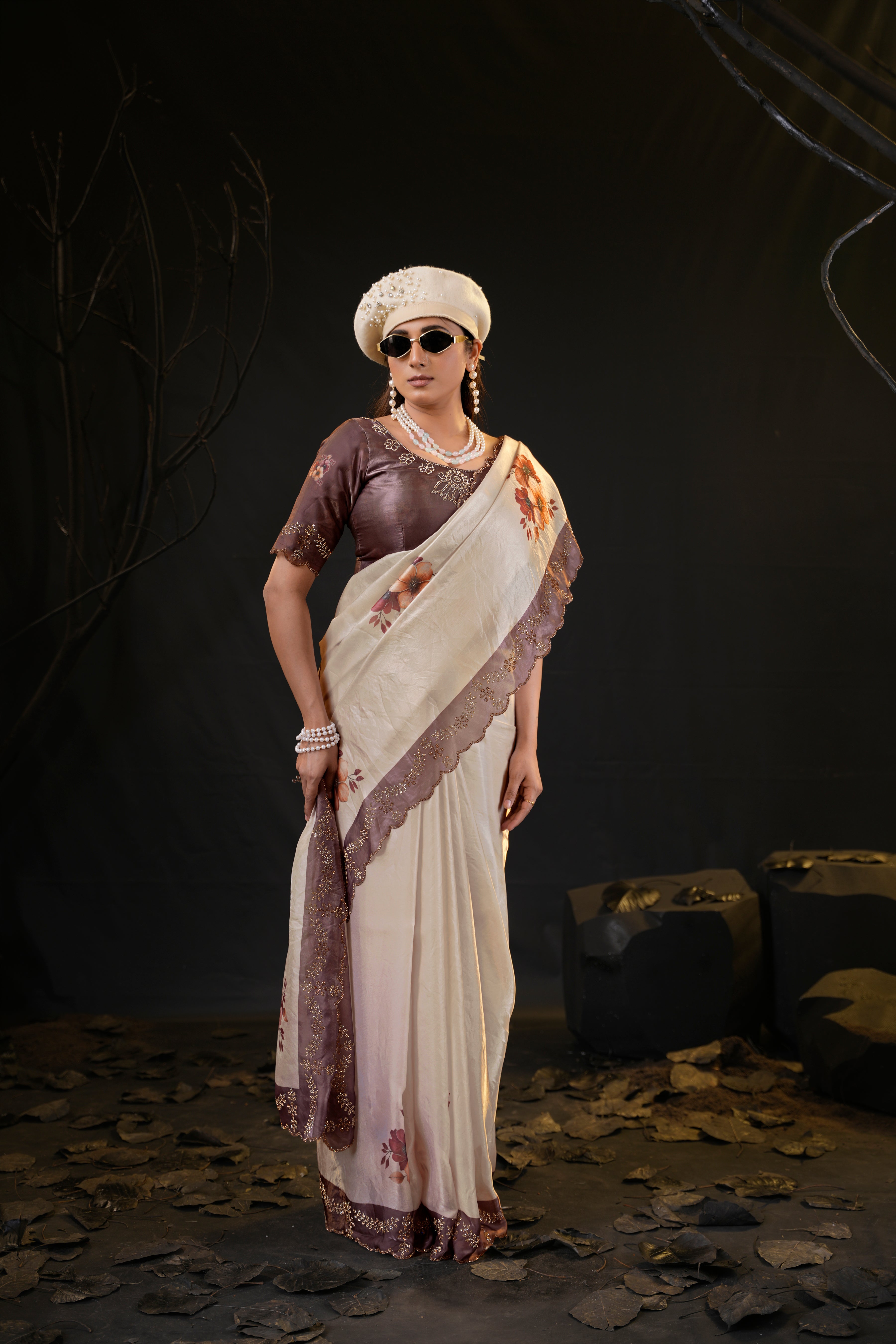 Taranika Floral Satin Saree with Scalloped Stone Border