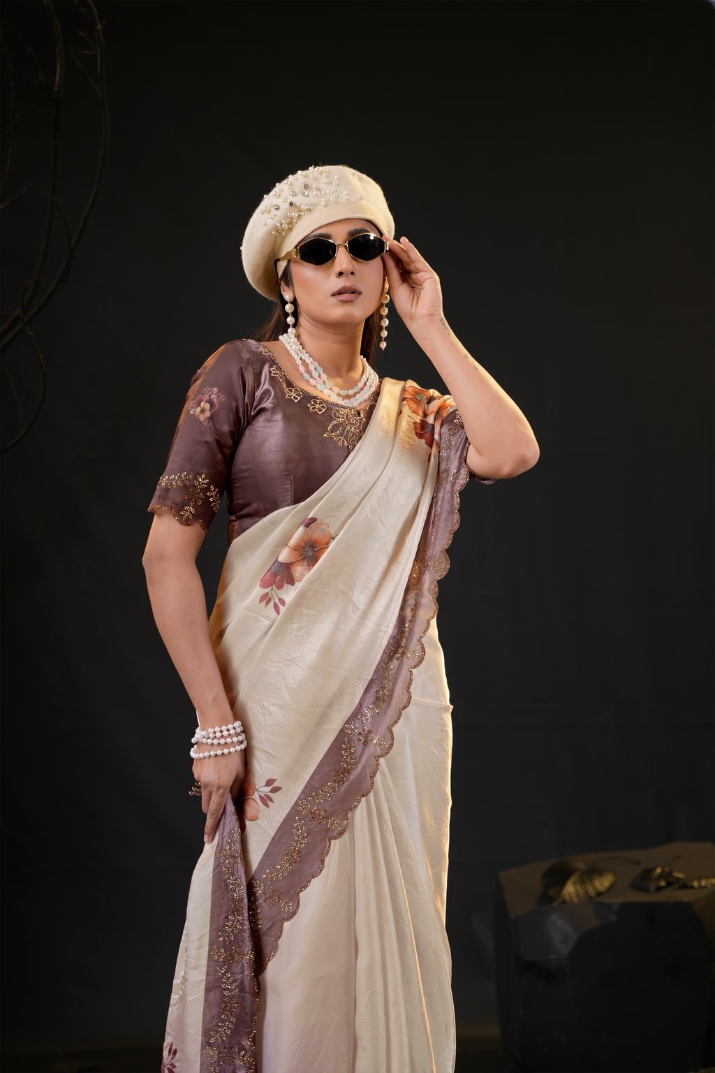 Taranika Floral Satin Saree with Scalloped Stone Border