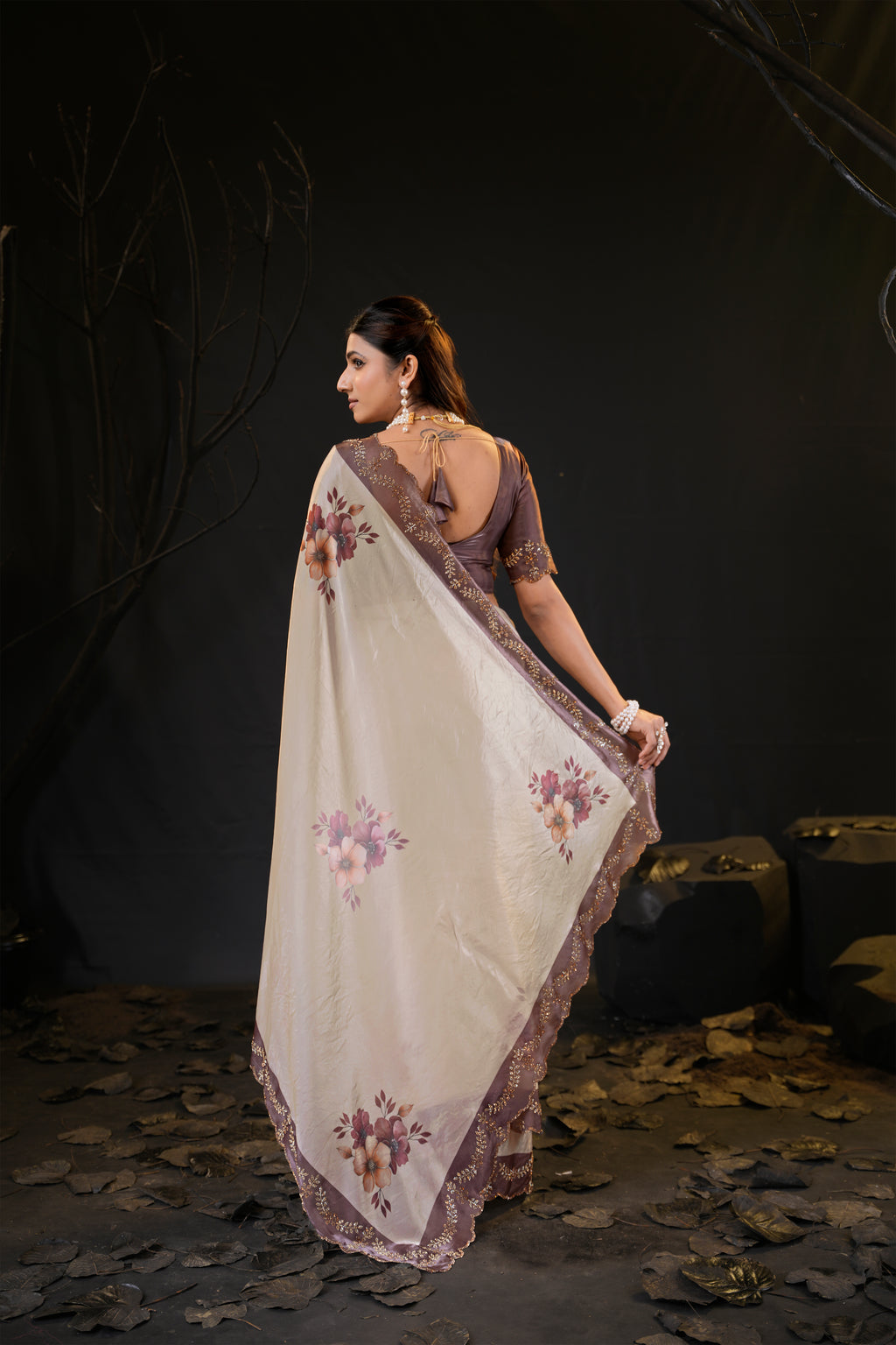 Taranika Floral Satin Saree with Scalloped Stone Border