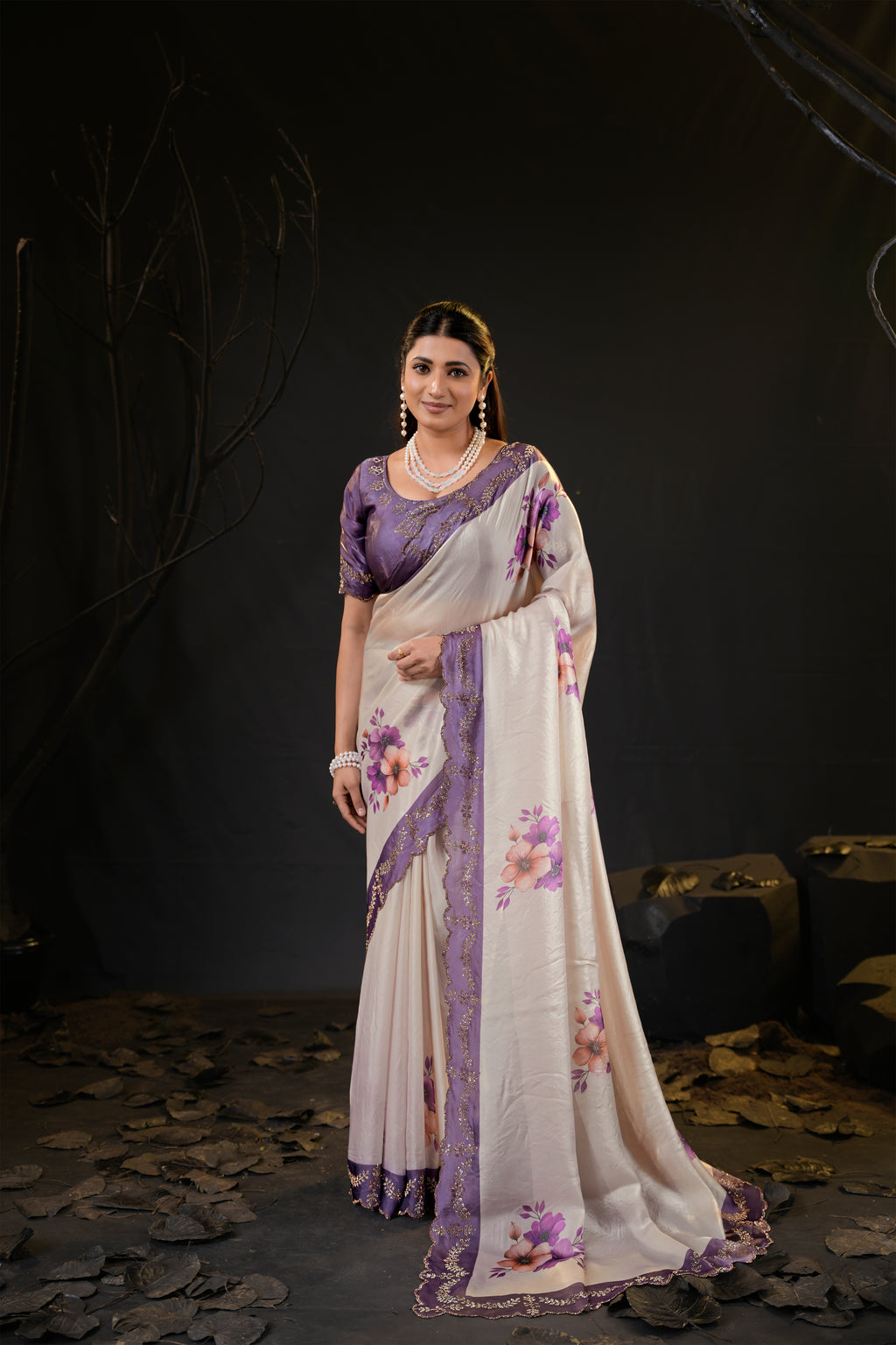 Taranika Floral Satin Saree with Scalloped Stone Border