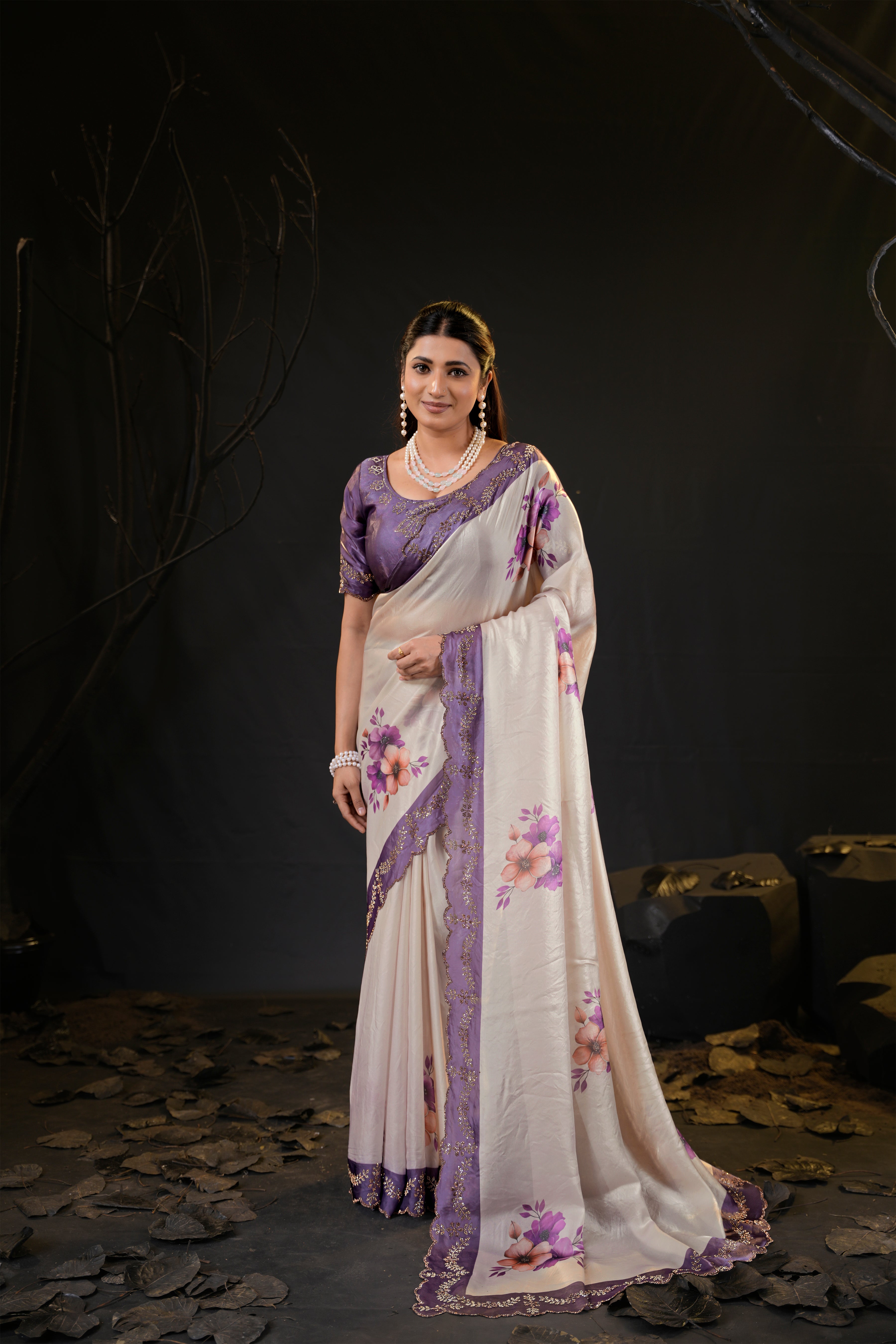 Taranika Floral Satin Saree with Scalloped Stone Border