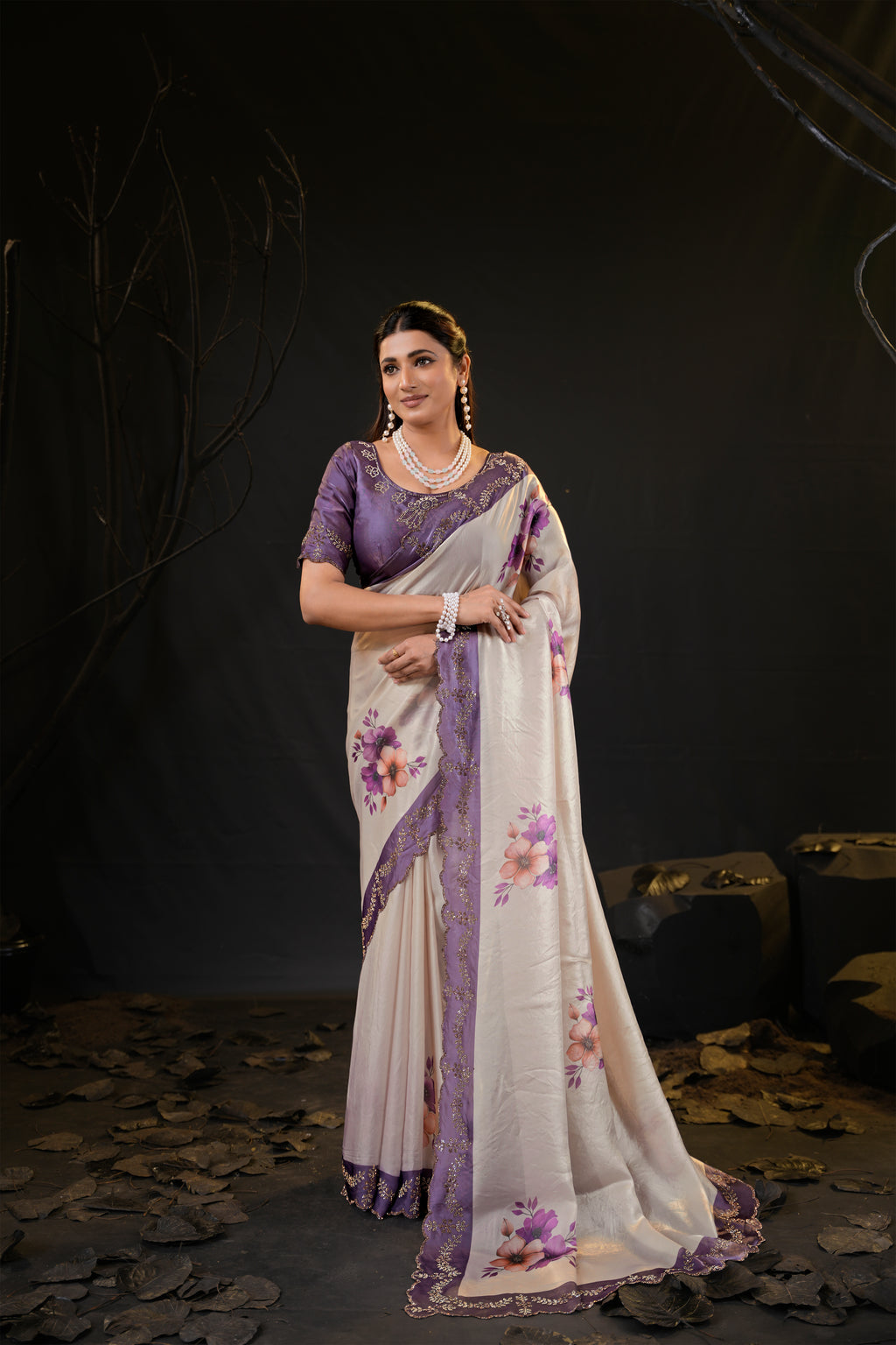 Taranika Floral Satin Saree with Scalloped Stone Border