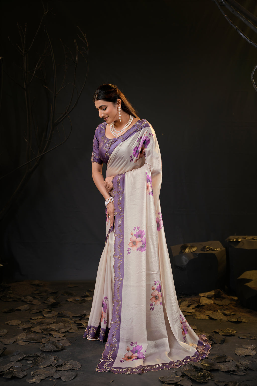 Taranika Floral Satin Saree with Scalloped Stone Border