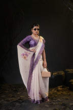 Taranika Floral Satin Saree with Scalloped Stone Border