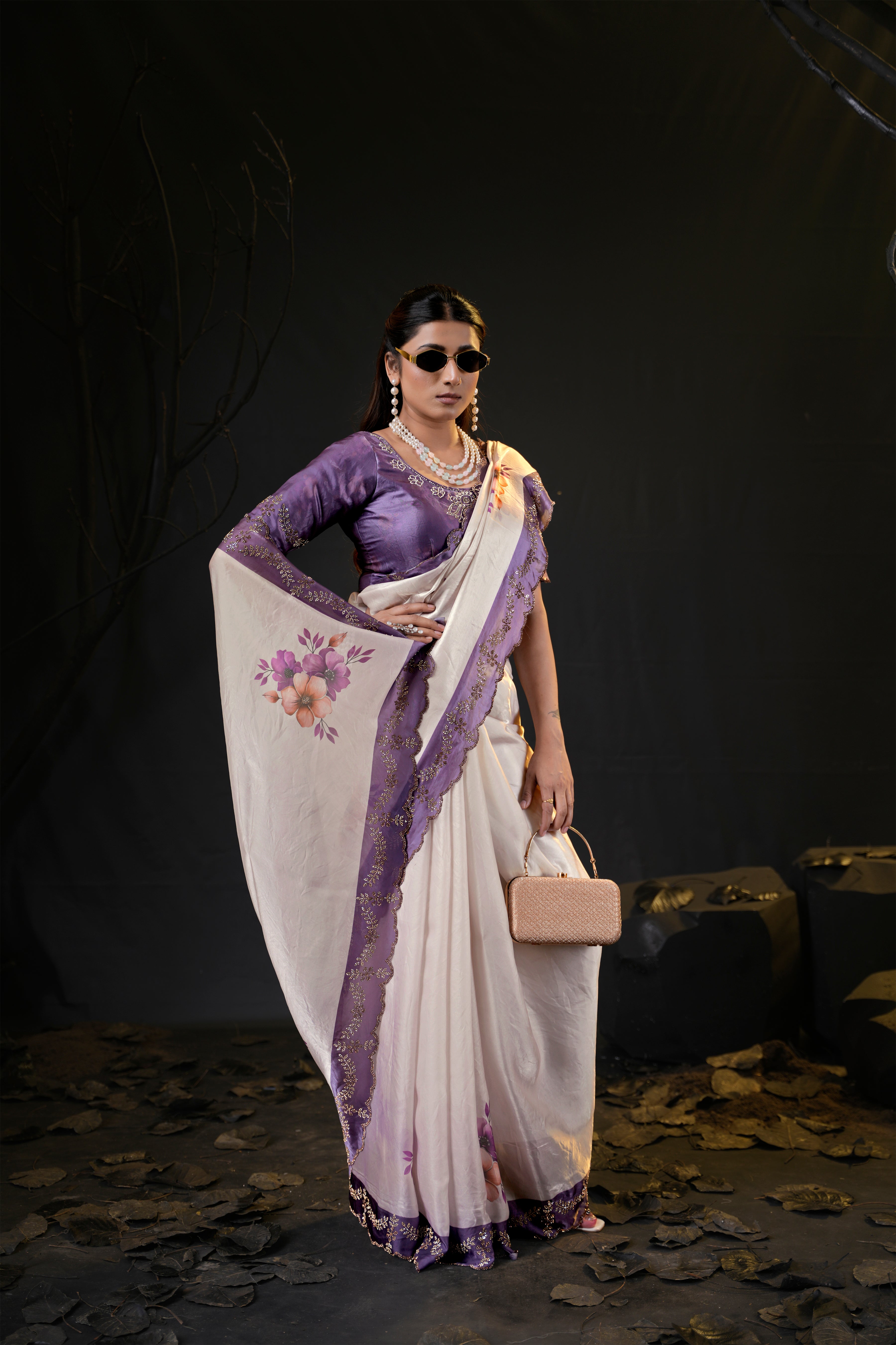 Taranika Floral Satin Saree with Scalloped Stone Border