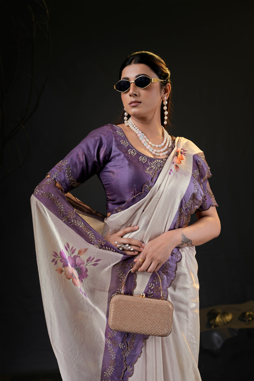 Taranika Floral Satin Saree with Scalloped Stone Border